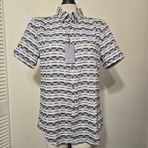 Checkered twill linen blend short sleeve shirt